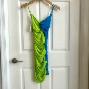 NWT body con lime green and blue dress XS